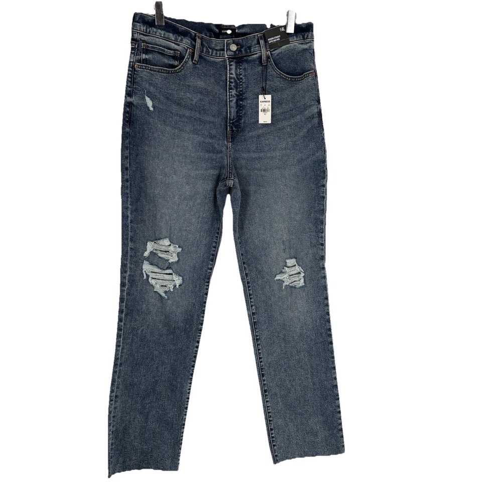 Express Womens Modern Straight Super High Rise Jeans Size 14L Distressed Stretch